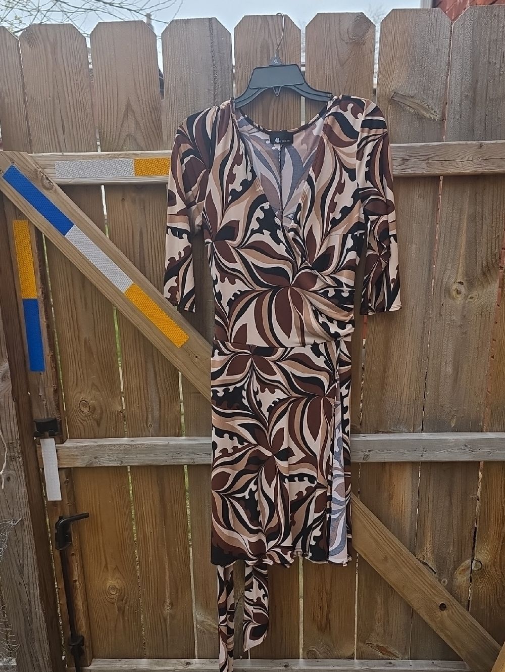 AB Studio Brown & Cream Abstract Wrap Midi Dress